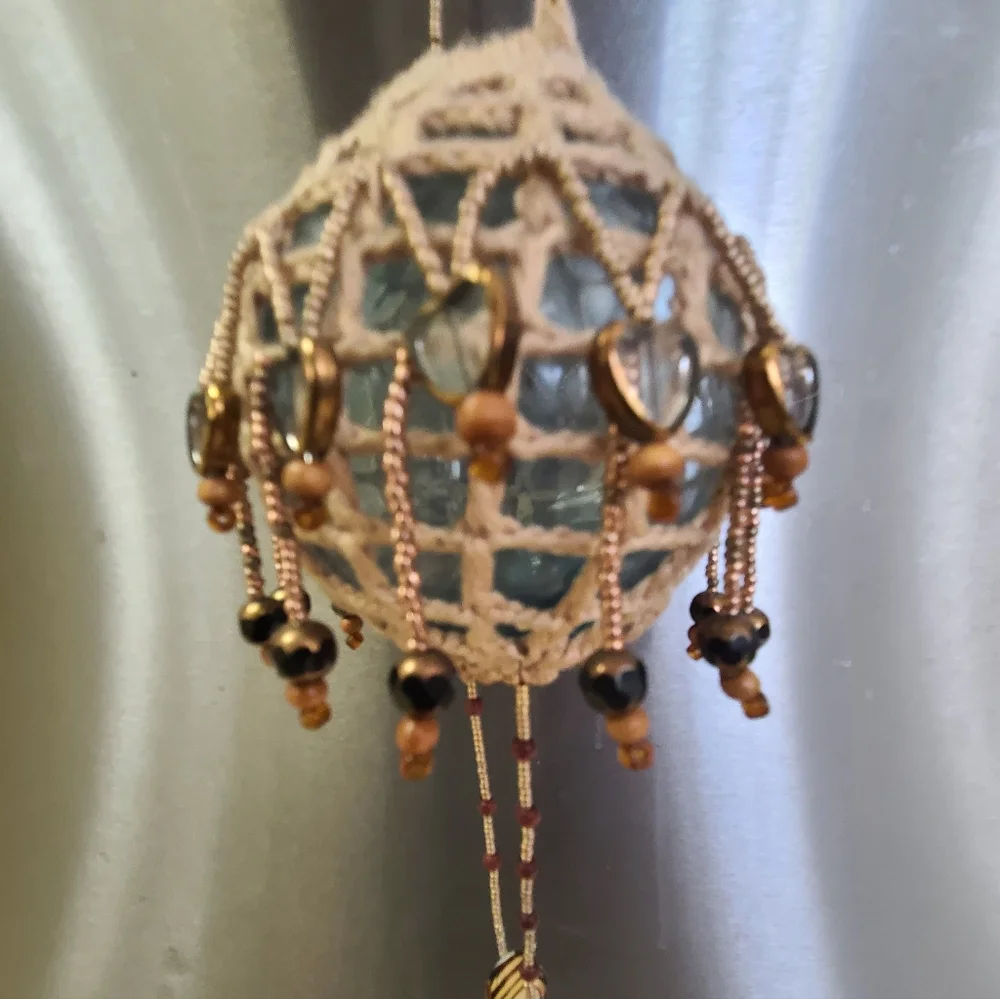 Handcrafted Beaded Glass Fishing Float Hanging Ornament With Macrame
